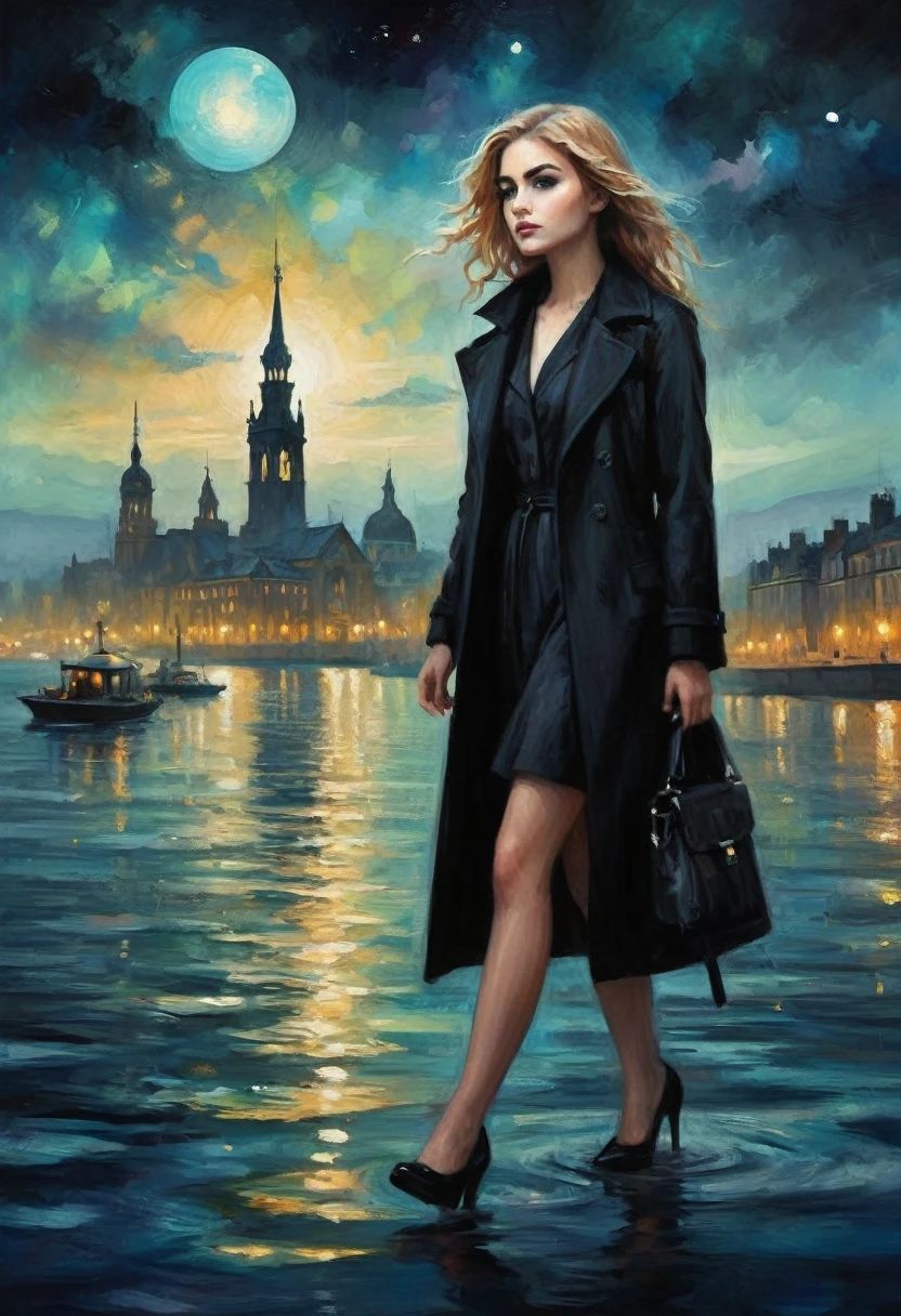 young teen Brighton Sharbino, ethereal fantasy concept art of a (Illustration by Herge of a city at night where a Brighton Sharbino wears a black coat, city skyline, beautiful shading, black makeup, shiny glossy, dark night, (by Herge1.2):1.2) touching water surface, chaotic resonance, microdisplacement, watercore, bioluminescence, aetheric realm, chiaroscuro, symbolism, intricate details, style of (Leonid Afremov:1.1) and Anna Dittmann, . magnificent, celestial, ethereal, painterly, epic, majestic, magical, fantasy art, cover art, dreamy