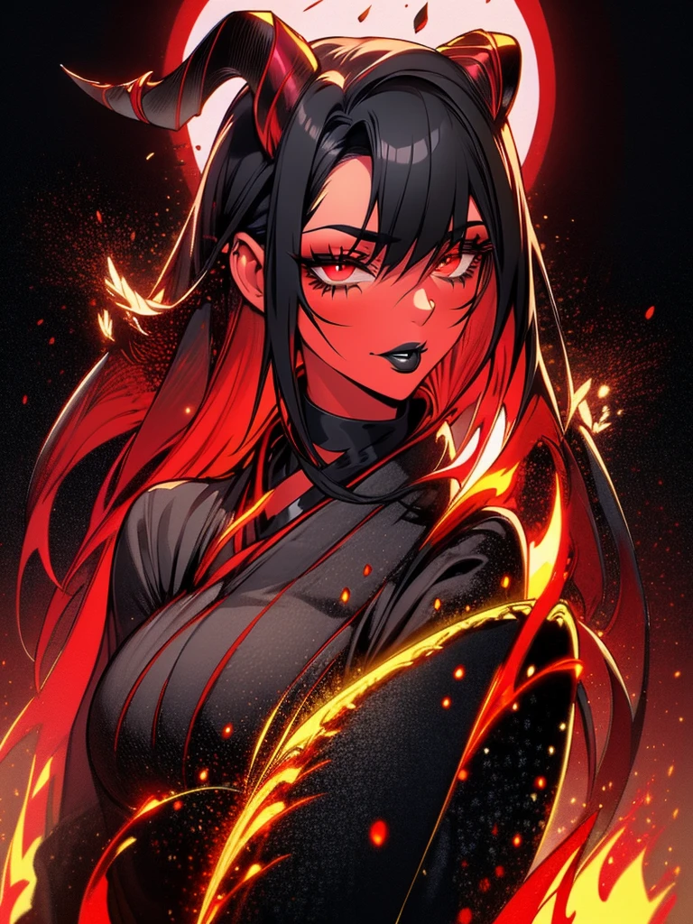 (colorful:1.3),(masterpiece:1.2), best quality, original, extremely detailed wallpaper, looking at viewer, (1girl, red skin, dark red skin, crimson skin, red eyes, black hair,long black hair, (long straight black horns), make-up, mascara, black lipstick, red eyes), (natural breasts, medium breasts, fully clothed, black long robe, black kimono), highly detailed, face focused, detailed face, ((red skin)), extremely detailed, red eyes, electric, red moon, Rays of Shimmering Light, Cinematic Lighting, Matte, Stone, Milky Quartz, Opalite, Jewelry, Silk, Feathers, fire splash, steam, fire, flames, sparks, lensflare, rim lighting, backlighting, Bracelet, Chromatic Aberration, RTX, Post Processing