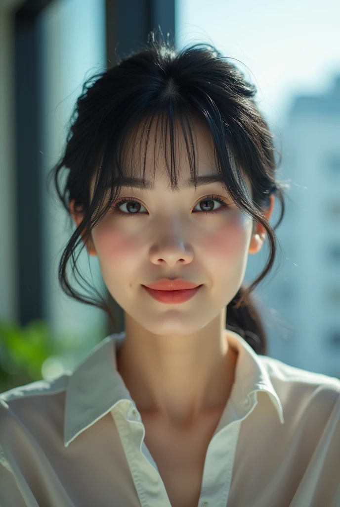 1girl, matured female, vest, bow, photo, realistic, best quality, hires, detailed face, office, buildings from window, detailed background, diffused sunlight, depth of field, bokeh, Create a realistic image of a Korean woman with sharp double eyelids, fair skin, a prominent nose, and thin, cupid-bow lips. She should have translucent bangs and her black hair should be tied up. Include slightly flushed cheeks to enhance the lively appearance