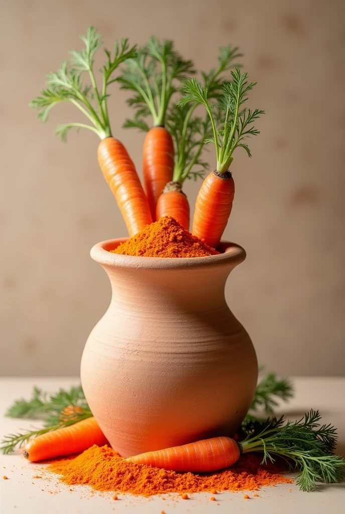 Make an image of a very long and tall clay pot with flour made from carrots and with whole carrots in the bowl and others resting on the top.
