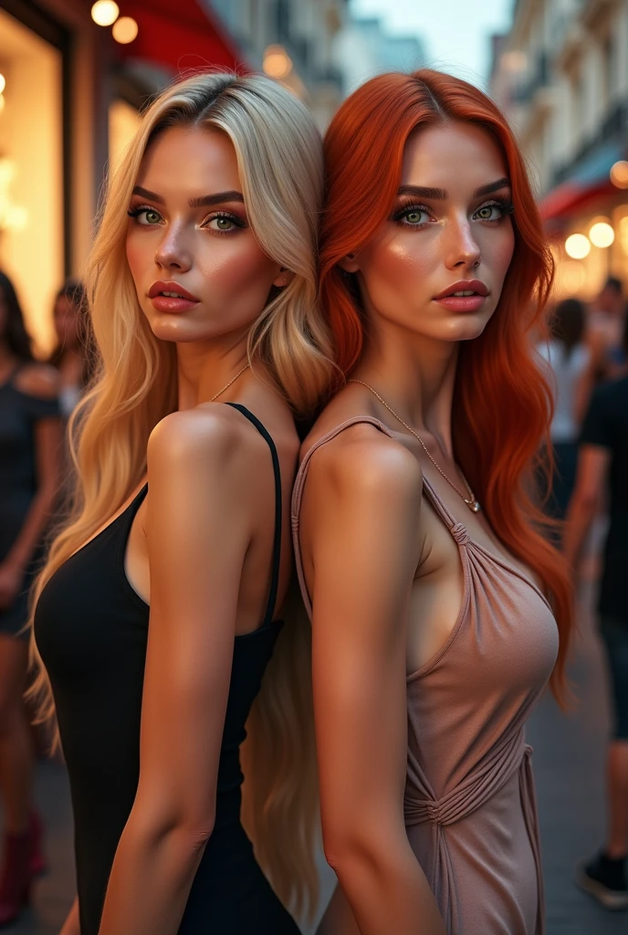 beautiful detailed eyes, beautiful detailed lips, extremely detailed eyes and face, long eyelashes, 1girl, 1girl, blonde hair, redhead, sexy dresses, shopping, detailed human figures, detailed clothing, crowd of people, attention-grabbing, detailed environment, high quality, photorealistic, studio lighting, 8k, detailed colors, warm lighting