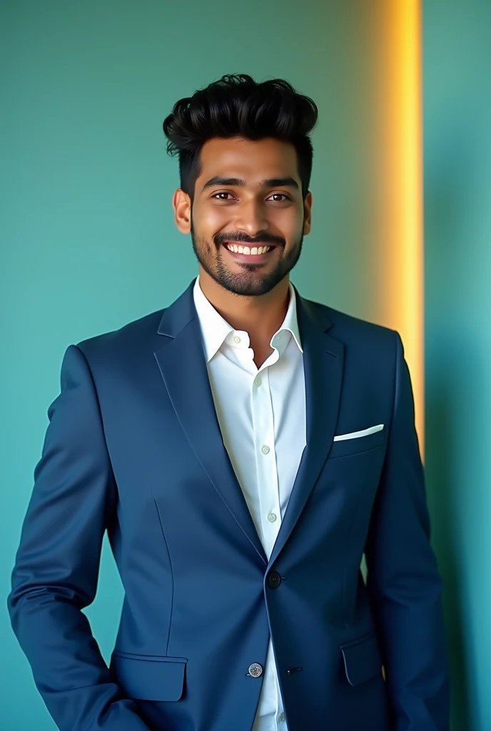 A young man with dark hair and a confident smile. He is dressed in a blue blazer over a waite  shirt.The man is positioned Against Aqua colour backdrop with a subtle yellow lighting on the back side. And he posting for stylish slemi bangali man
