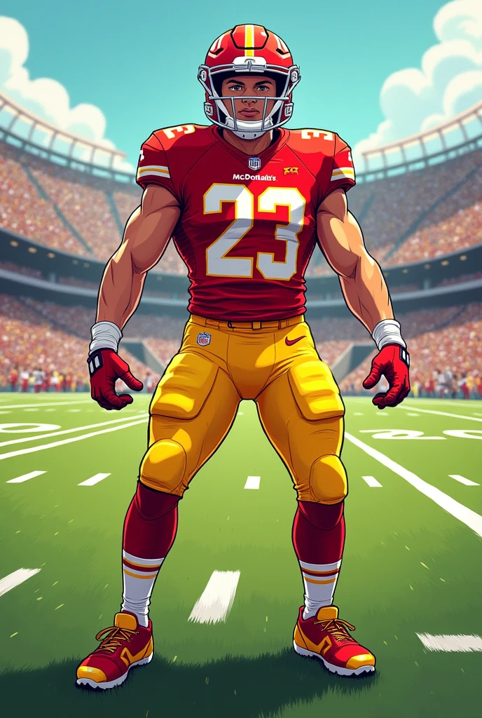 Christian McCaffery in a McDonald inspired football uniform with jersey #23