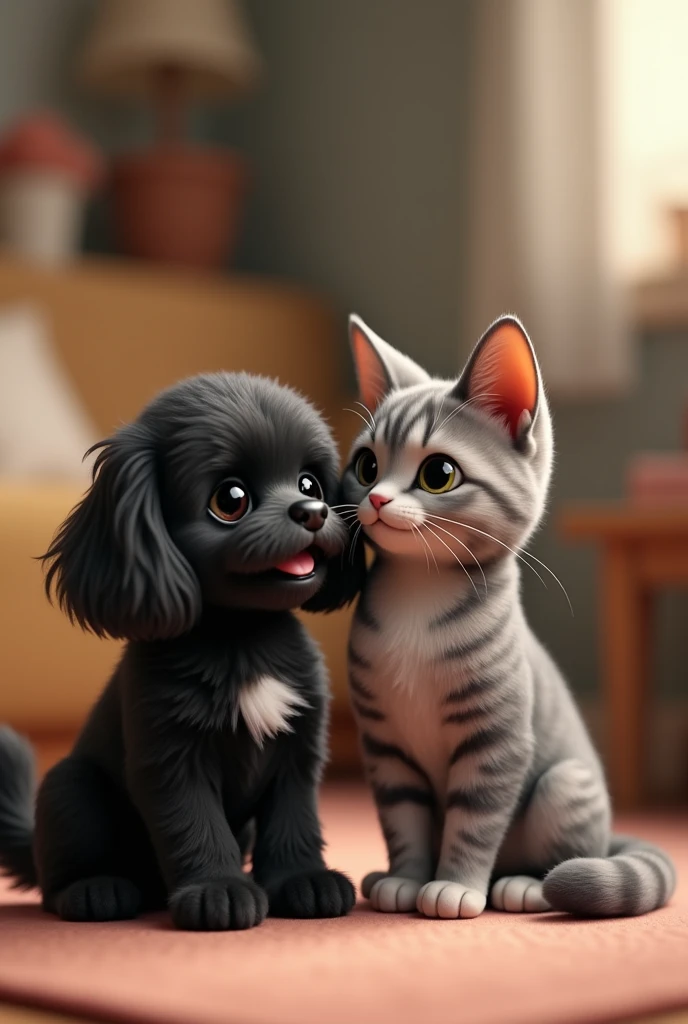A black bichon with large floppy ears and a large white spot on its chest next to a gray tabby cat