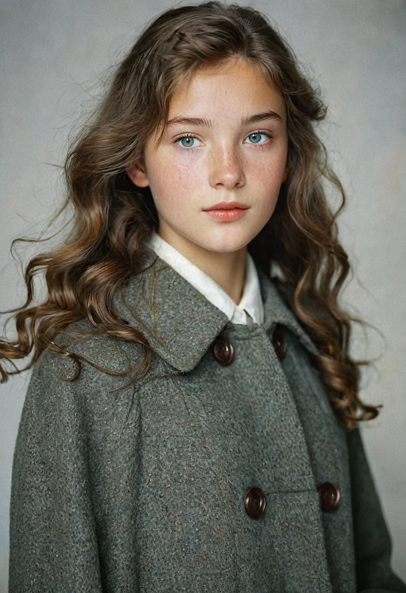 Young  girl, Nordic Ethnicity, greenish gray eyes, matured looking face, wavy slight long hairstyle, brown hair with a perfect face and small breasts, with freckles, old school female clothes, long coat, vintage dressing, vintage clothing