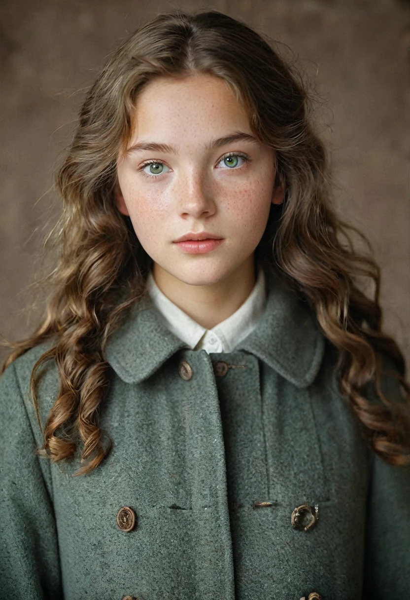 Young Teenage girl, Nordic Ethnicity, greenish gray eyes, matured looking face, wavy slight long hairstyle, brown hair with a perfect face and small breasts, with freckles, old school female clothes, long coat, vintage dressing, vintage clothing