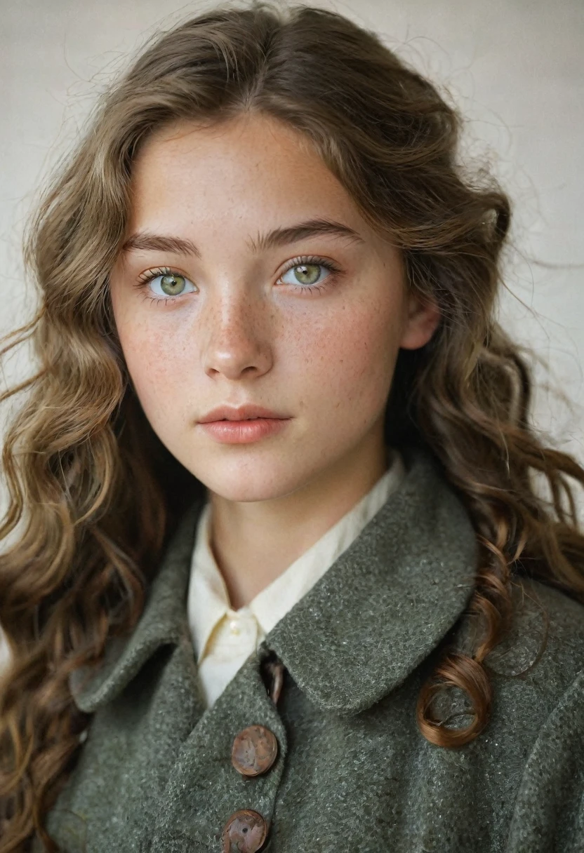 Young Teenage girl, Nordic Ethnicity, greenish gray eyes, matured looking face, wavy slight long hairstyle, brown hair with a perfect face and small breasts, with freckles, old school female clothes, long coat, vintage dressing, vintage clothing