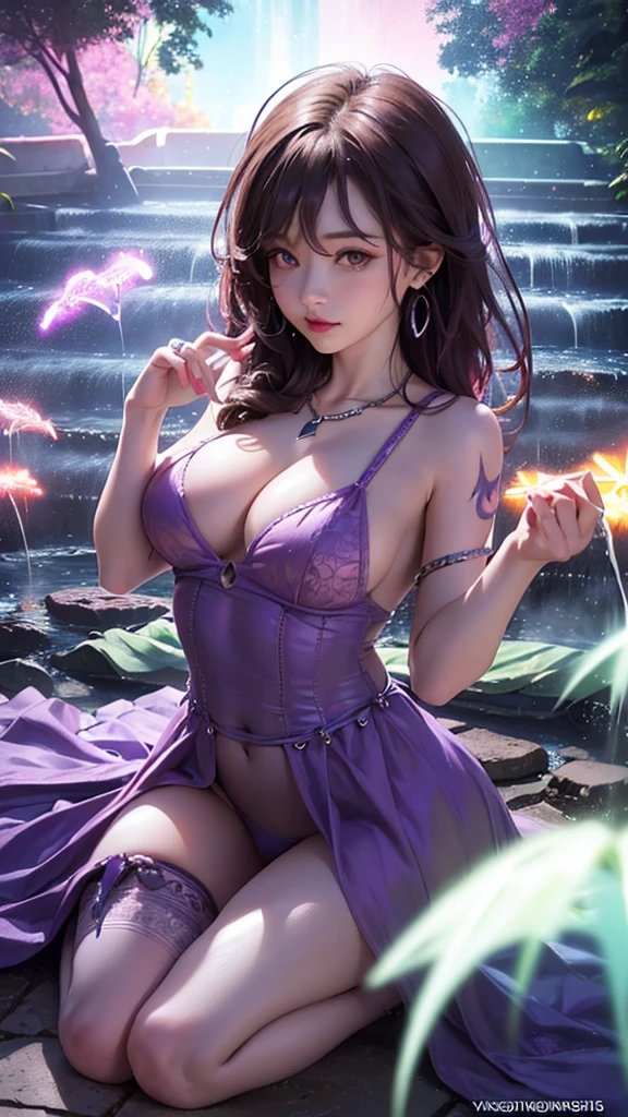 (best quality, 8k, 32k, masterpiece, UHD:1.2) 1girl, breasts, jewelry, purple_hair, dress, cleavage, solo, long_hair, hair_ornament, purple_dress, water, necklace, earrings, purple_eyes, looking_at_viewer, bracele, large_breasts, raiden_shogun, flower, hair_flower, waterfall, night, bangs, colors vivid and realistic, RAW photos, realistic photos, ultra-high quality 8k surreal photos, cool photos, (virtual lighting effects: 1.8), 10x pixels, magic effects (background): 1.8), super detailed, girl alone, wide original photo, 8k quality, super sharp, detailed and clear picture best