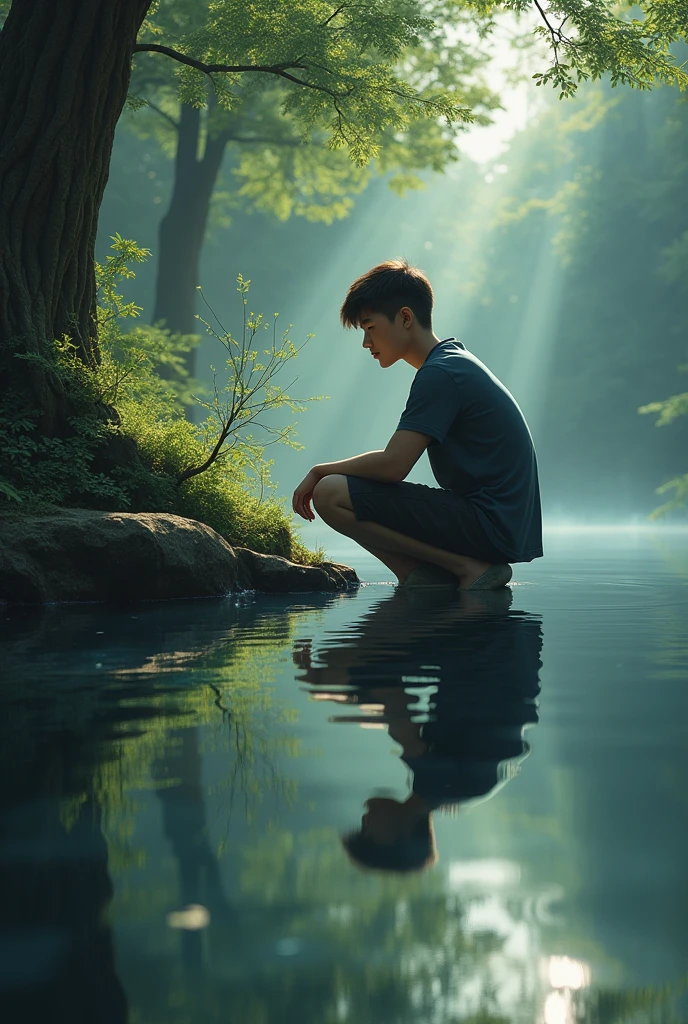 A boy aged 20 again' going into forest and sitting in Lake and seeing his face in the lake water