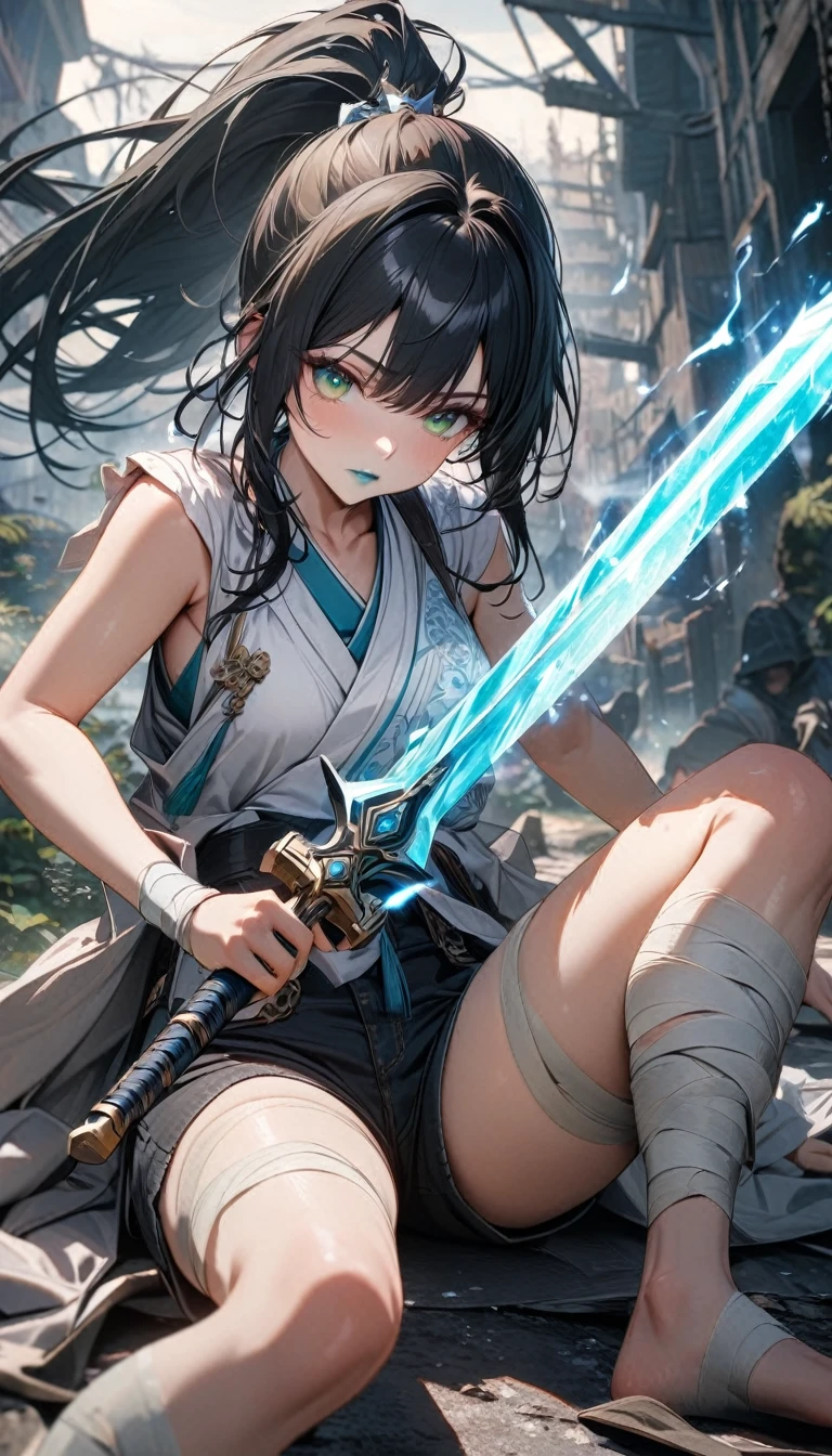 adult girl, long black hair, high ponytail, turquoise lipstick, green eyes, blue eyeshadows, white battle hanfu shirt, shorts, bandages on legs, open legs, sleeveless, magic sword, Masterpiece, best quality, Full HD, 8k, ultra details, great graphic