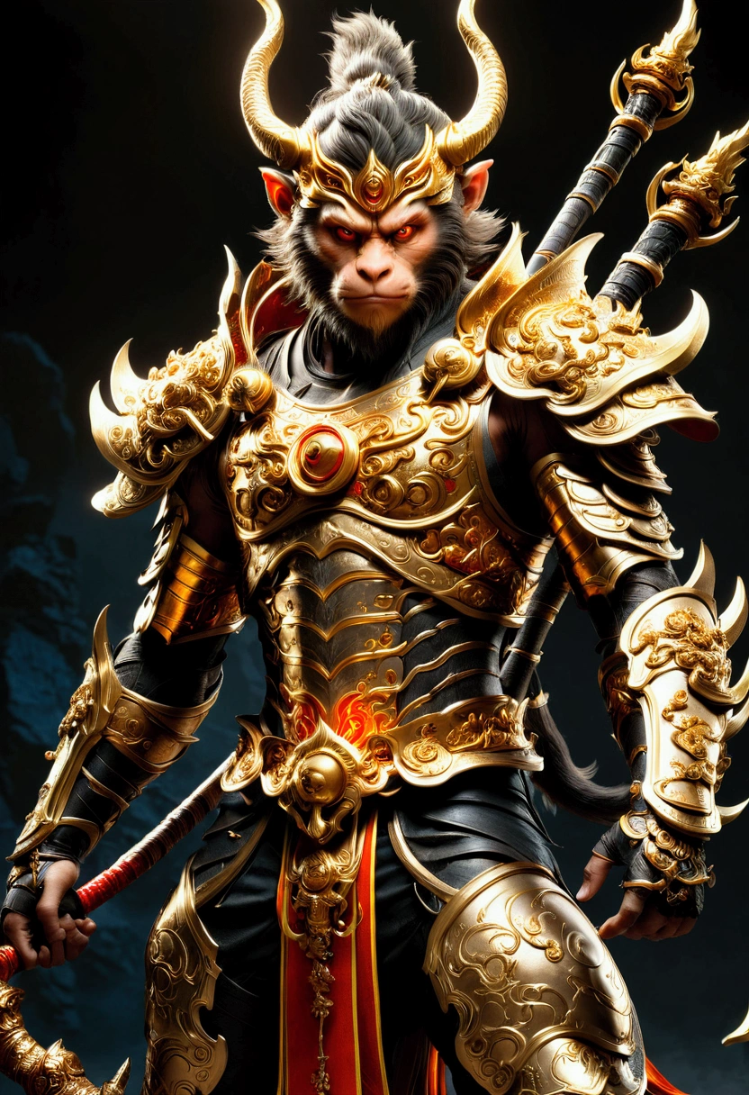 Monkey face, Wukong, Black Myth, a highly detailed 3D render of the character Sun Wukong from the video game Black Myth, masterfully crafted with extreme precision, dynamic lighting, dramatic camera angle, ornate detailed armor, muscular physique, fierce expression, glowing golden staff, otherworldly fantasy environment, cinematic composition, vibrant colors, dramatic shadows, award-winning quality, masterpiece, best quality, very aesthetic, absurdres