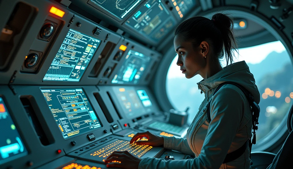 In the cockpit of an alien UFO，Very advanced technology and equipment，A beautiful pilot in the future world is operating the equipment