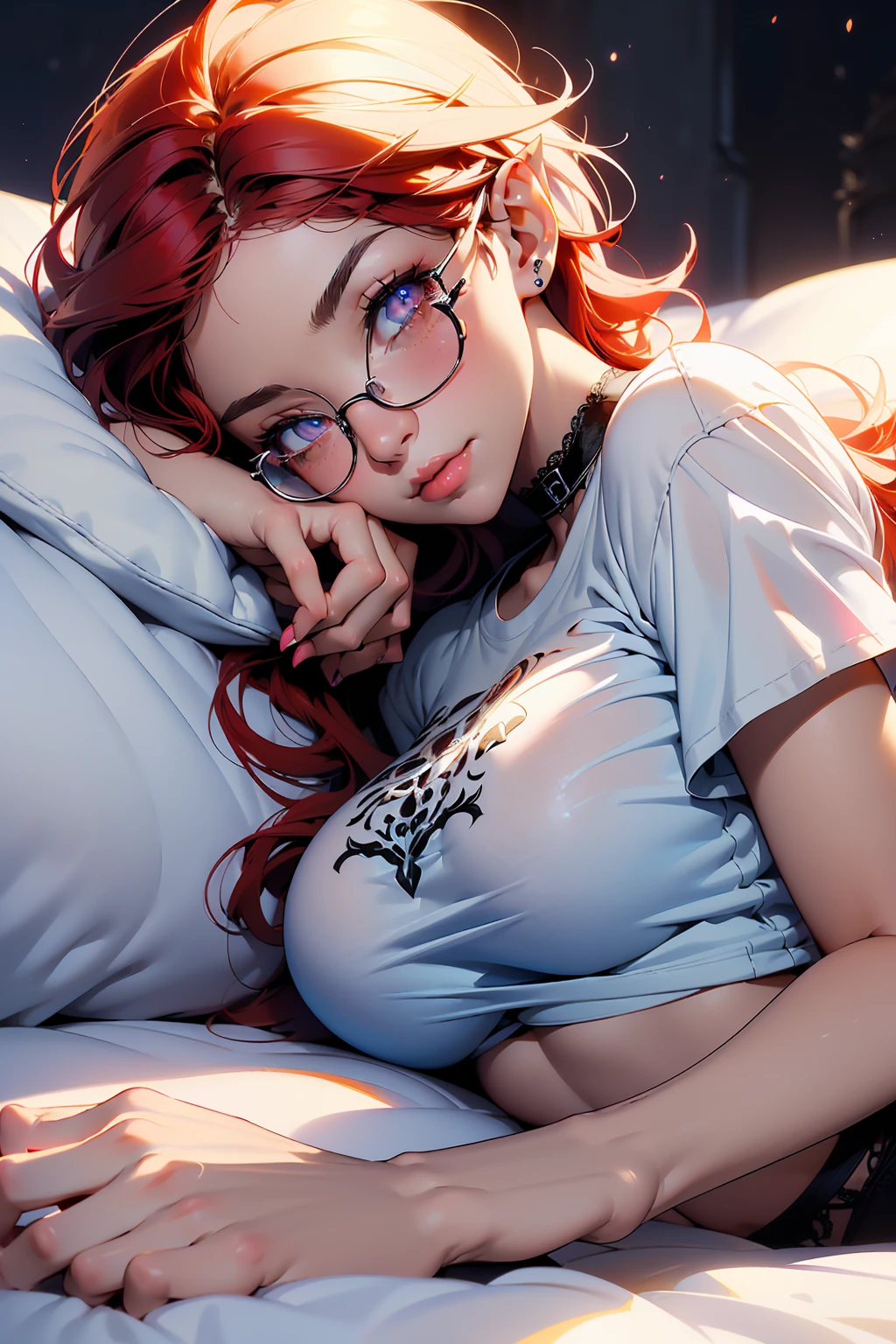 1girl, beautiful elf woman, ((Short Red Hair, Straight, has shine)) Blue eyes, double eyelids, light effect on eyes, detailed irises, beautiful curvy body, glasses, ((Loose White Tee Shirt, Opaque: 1.5)), black choker, ((Black lace panties)), Bare feet, ((Work of art, hyper-realistic, hyper detailed, Best Quality, 16k, light and shadow on skin, vivid colors)), ((laying down in bed on stomach asleep eyes half open watching viewer sleep: 1.5)), ((Hand behind head: 1.5, Hand resting on stomach: 1.5)) Lustful Expression, perfect lips, sexy mature face, lots of freckles all over body, full pouty lips, extreme blush, sensual smile, ((Night)), moonlit sky, Flirting with viewer, Flirty Lewd Smile, ((Large Breasts: 1.0)) ((Full Side View))
