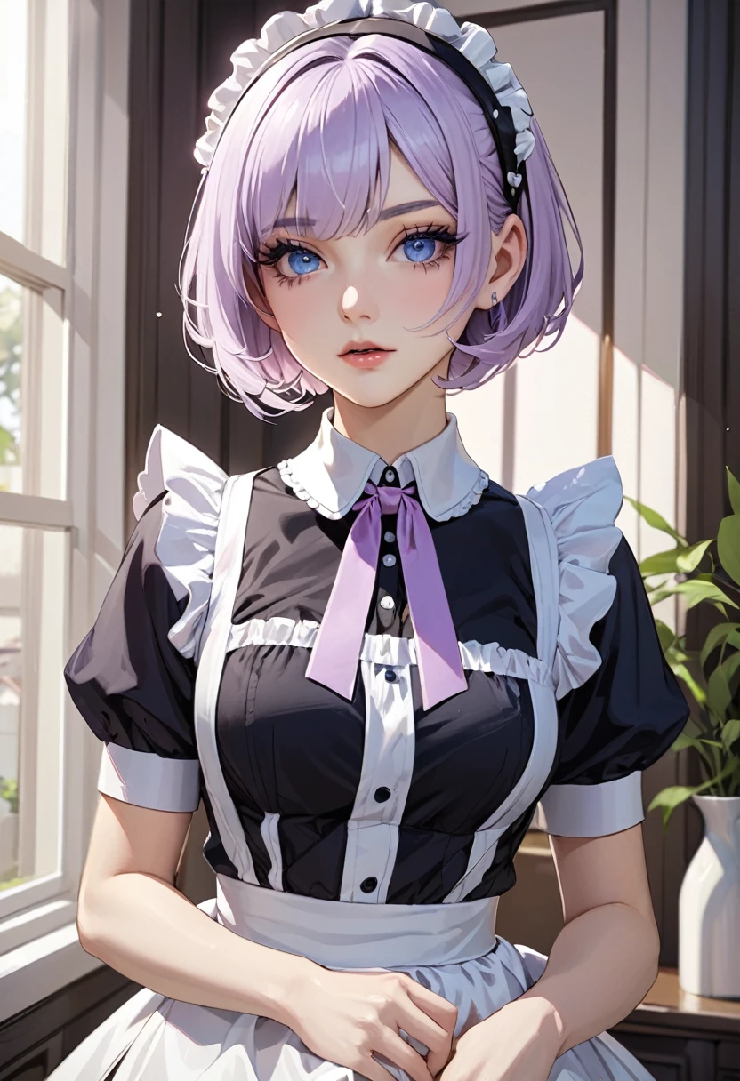 ((best quality)), ((Masterpiece)), (details), Young woman, alone, ( light purple hair, blue eyes, ((short hair)) , beautiful face, Beautiful skin, Long eyelashes, Thick eyelashes) , Maid outfit, Housewife headband, look at the audience,