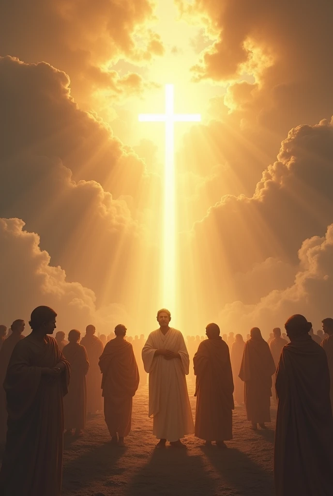 "Create an image of a peaceful, radiant light surrounding a group of people who are suffering. The light represents God's comforting presence. The scene should convey a sense of warmth, hope, and divine protection, with subtle symbols of faith like a cross or gentle rays of sunlight breaking through clouds. The people's expressions should gradually shift from despair to calmness as they feel the comforting embrace of the light."