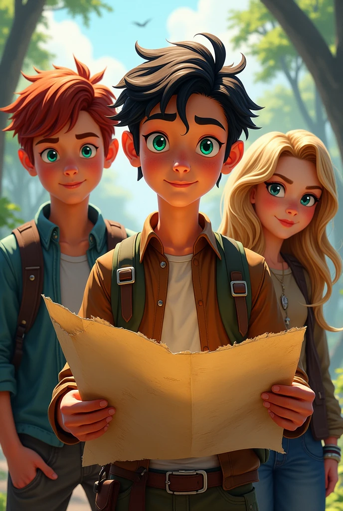 Miguel, a 17-year-old red-haired ager with green eyes. Lucas, a 17-year-old teen with black hair, fair skin and blue eyes, holding a map. Tomas, a 17-year-old blond teenagerh blue eyes. Raquel, a 1 teenager witown, wavy hair and honey-colored eyes. Clara, a teenager with blhair and green eyes.