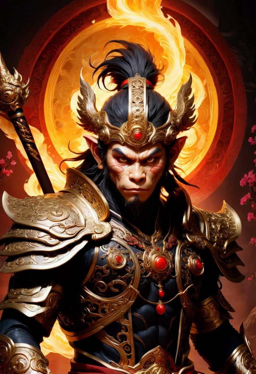 Monkey face, Wukong, Black Myth, a highly detailed 3D render of the character Sun Wukong from the video game Black Myth, masterfully crafted with extreme precision, dynamic lighting, dramatic camera angle, ornate detailed armor, muscular physique, fierce expression, glowing golden staff, otherworldly fantasy environment, cinematic composition, vibrant colors, dramatic shadows, award-winning quality, masterpiece, best quality, very aesthetic, absurdres