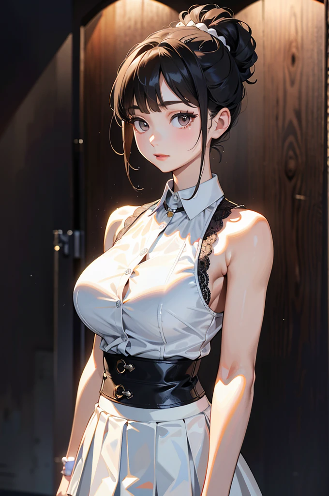 masterpiece:1.2、8k、Real、Photorealistic:1.37、Super detailed、Portrait from the chest up、Bust、Upper body photo、Big Breasts、1 female、Staring at the audience:1.5、Big Breasts、(Black Hair、Hair tied up)、(White lace sleeveless shirt、Collared, button-front sleeveless shirt、White tight shirt、White tight skirt with high waist、White micro mini skirt、Brown leather belt、Garnet Necklace、Large Breasts、Ample breasts)、Women&#39;s University、classroom、明るい陽射しのclassroom