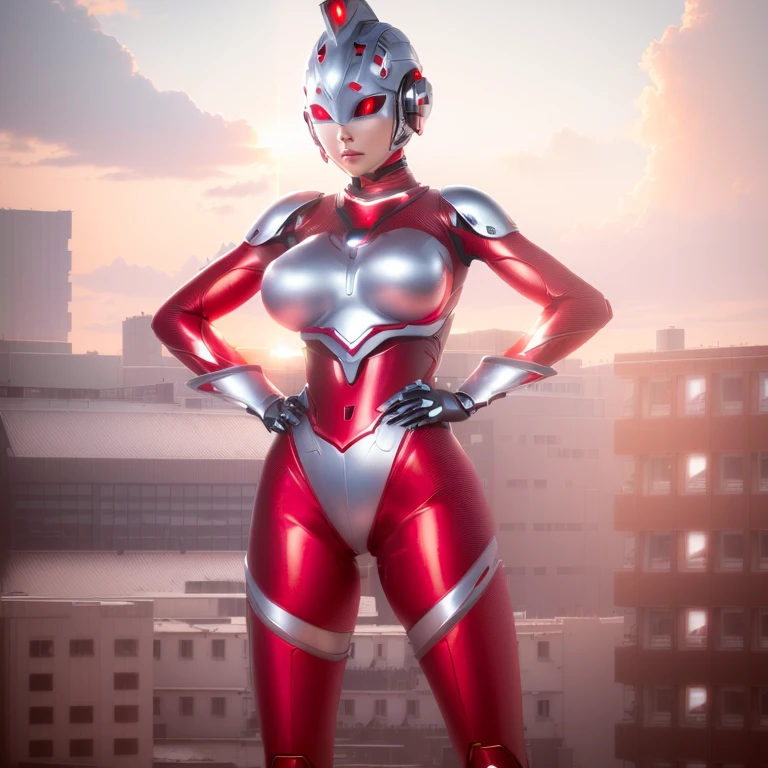 An alien dressed in red and silver stands in front of a city, Female body type, Female cyborg body, body and soul! Asuka Suit, Ultraman, Simple Futuristic Cyborg Empress, Perfect anime cyborg woman, Super detailed, Alien robot naughty nurse, Super-smart female android, Asuka Suit under clothes!, Energetic Varia Suit