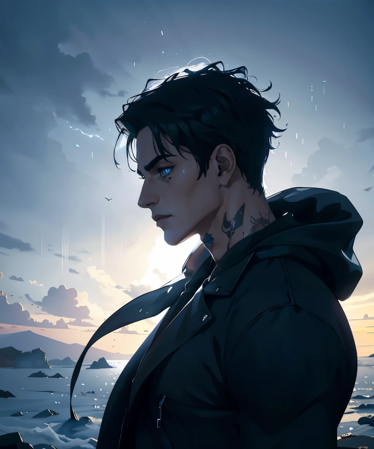 8K, complex, elegant, Highly detailed, majestic, digital photography, surreal painting, defeat magic, Sinuous Lightning, (masterpiece, Side light, fine and beautiful eyes: 1.2), HDR, (bright blue eyes)), Naked upper body, (bright tattoo), handsome boy, cana, musculature, black skin, demon horn, Raining, handsome, in front of camera, masterpiece