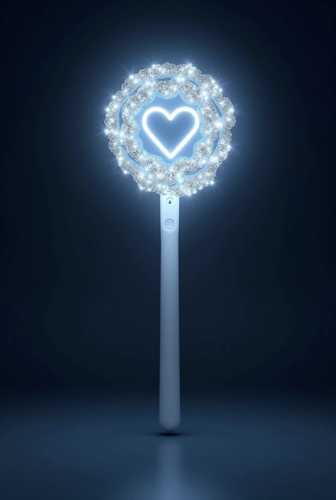 kpop lightstick but looks like magic wand. elegant and sophisticsted but cute. the stick is white, NOT TOO THIN and 15cm height. the stick has on or off button on it. On top of the stick is love. The love is chained with silver diamond chain. THE SILVER DIAMOND CHAIN IS ON TOP OF THE LOVE. IT SURROUND THE LOVE IN SPIRAL. THE SILVER DIAMOND CHAIN ONLY SURROUND LOVE NOT THE WHOLE LIGHTSTICK. The lightstick emits silver light. Glow in the dark. Preview full lightstick. No hand. No ribbon!!!! Just do what i said only