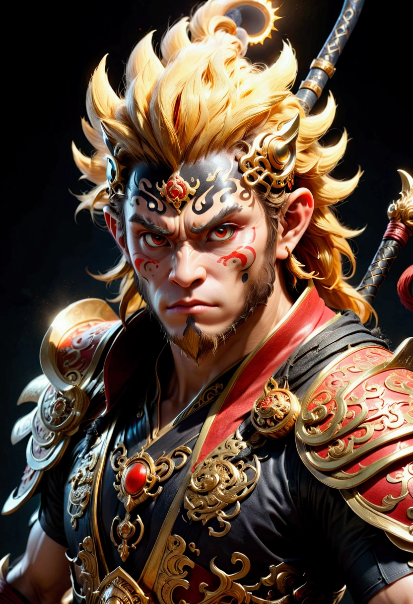 Monkey face, Wukong, Black Myth, a highly detailed 3D render of the character Sun Wukong from the video game Black Myth, masterfully crafted with extreme precision, dynamic lighting, dramatic camera angle, ornate detailed armor, muscular physique, fierce expression, glowing golden staff, otherworldly fantasy environment, cinematic composition, vibrant colors, dramatic shadows, award-winning quality, masterpiece, best quality, very aesthetic, absurdres