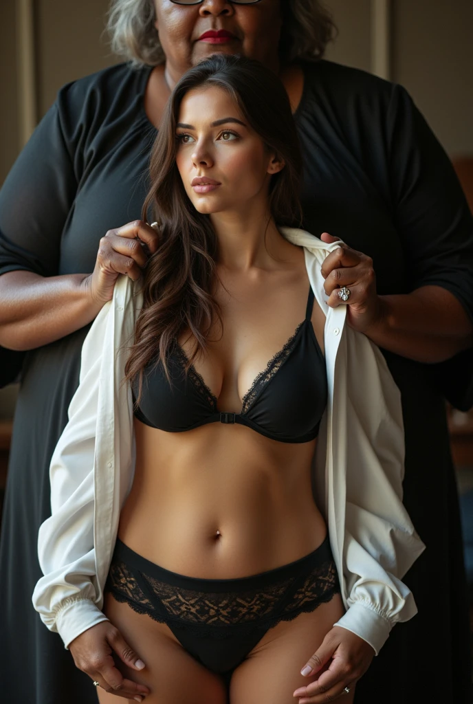 Create a photo of a single young woman aged 25, com pele branca e clara, slender and beautiful body, long brown hair, wearing black lace panties, and his white shirt is being lifted by a 90 year old woman, obese, dark black skinned
