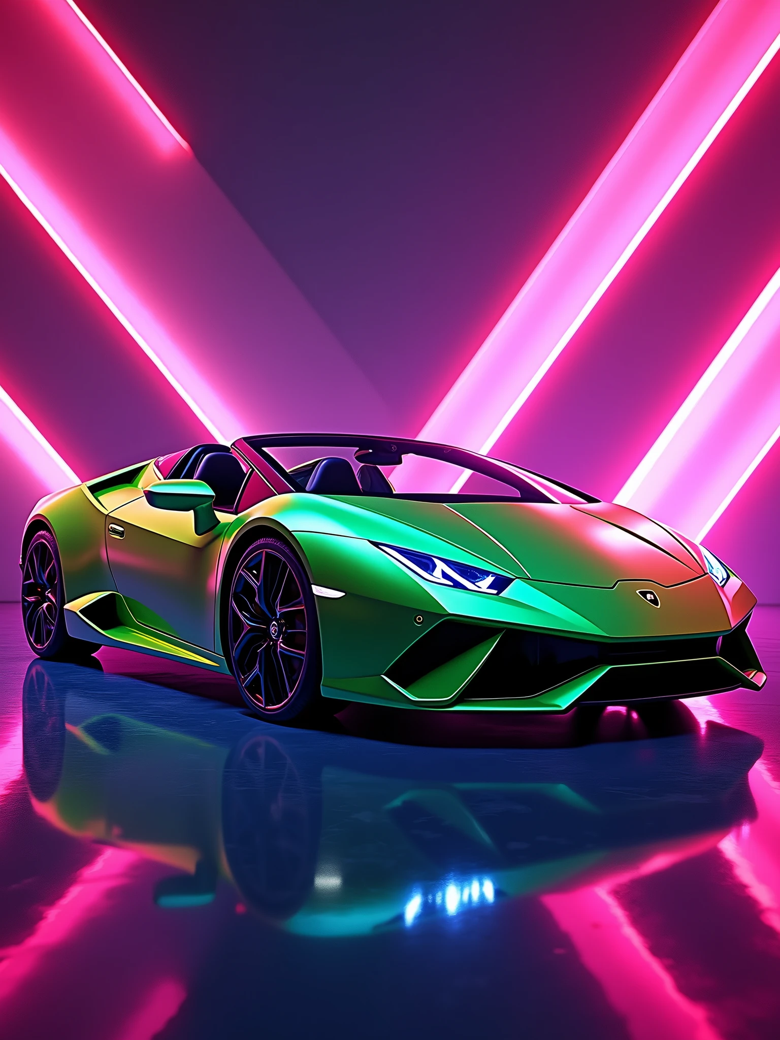 stunning, vibrant illustration of a sleek metallic green Lamborghini Huracan Evo Spyder set in a captivating purple lighting room. The car's geometric design is accentuated by neon lights, and the prominent Lamborghini logo on the side adds to its luxurious appeal. The background features dynamic, futuristic angular red lines, creating a high-energy atmosphere. The car's reflection on a shiny surface below adds depth and dimension to the composition, making for a visually stunning and powerful image., poster, illustration, photo, vibrant