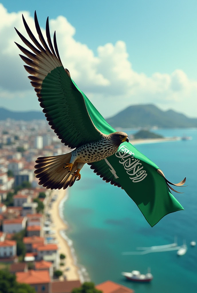 A falcon carrying the flag of Saudi Arabia flying over Salvador Bahia
