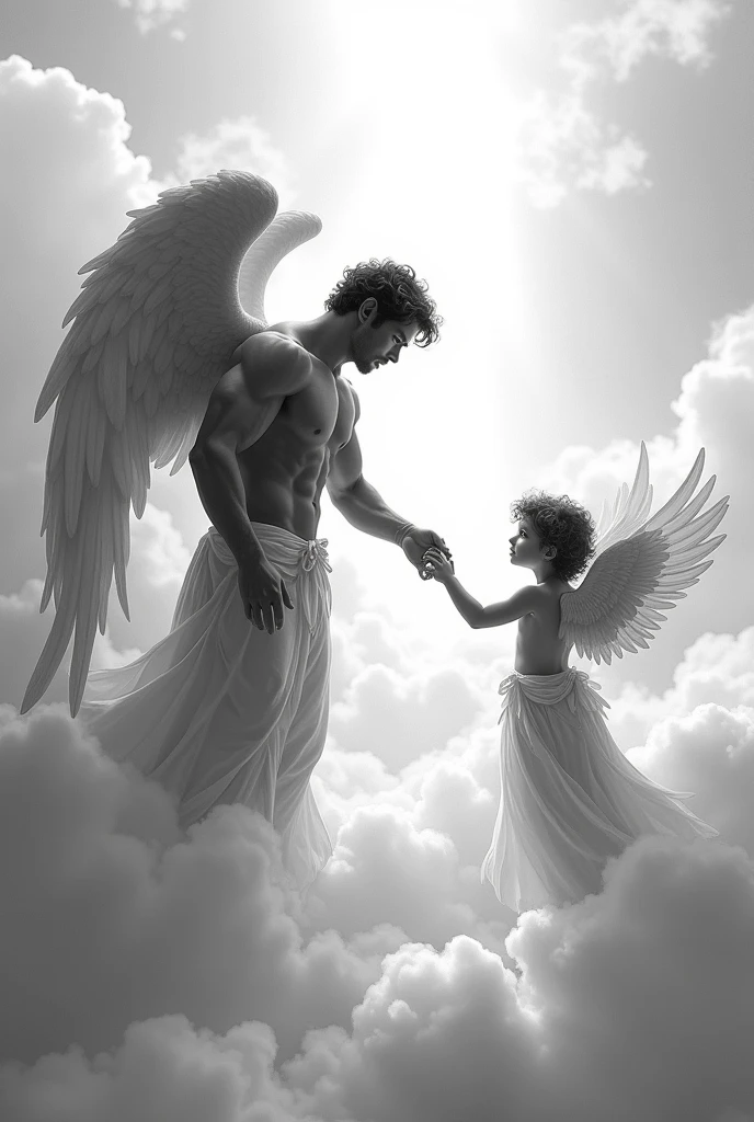 2 angels in the clouds reaching out to each other, muscular torso man and child angel, rays, monochrome photorealism tattoo, Black and White Sketch, Horizontal Image