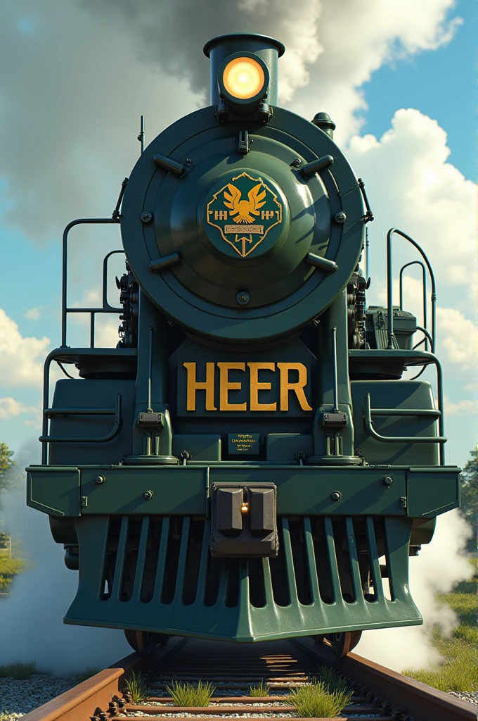 Green military logo with a busty waifu driving a train with the word Heer