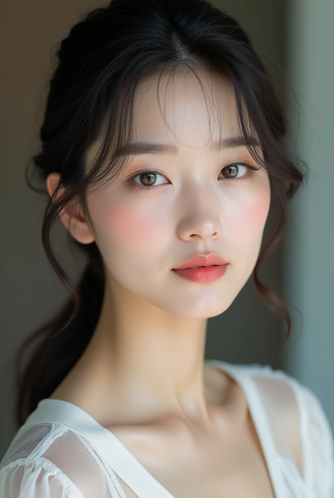 1girl, matured female, vest, bow, photo, realistic, best quality, hires, detailed face,Create a realistic image of a Korean woman with sharp double eyelids, fair skin, a prominent nose, and thin, cupid-bow lips. She should have translucent bangs and her black hair should be tied up. Include slightly flushed cheeks to enhance the lively appearance