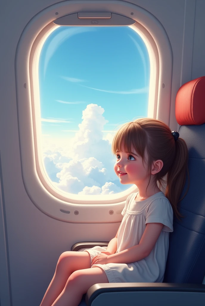 A child inside a plane, white dress, smiling, near the window, looking towards the sky