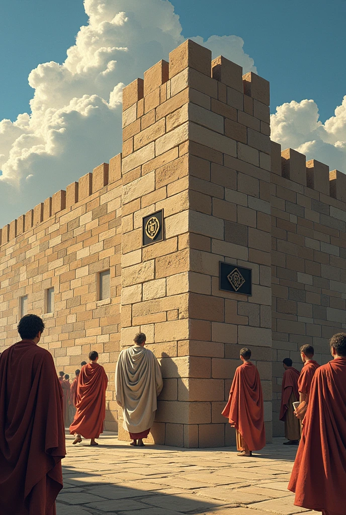 3The Wall of Virtue**:
- Imagine a wall built with bricks that symbolize ethical values (one for each brick). On the other side of the wall, There are corrupt figures trying to climb or cross the wall, but they can't because of their solidity. Education is represented by students or teachers who keep adding bricks, continually strengthening the wall.
- You could include Socrates as an architect, with plans that describe how to build a strong character through knowledge