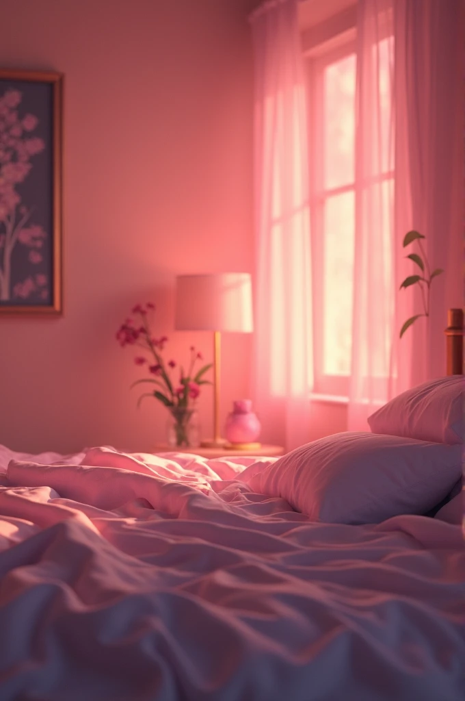 A bedroom in deem light pink edge light in background 