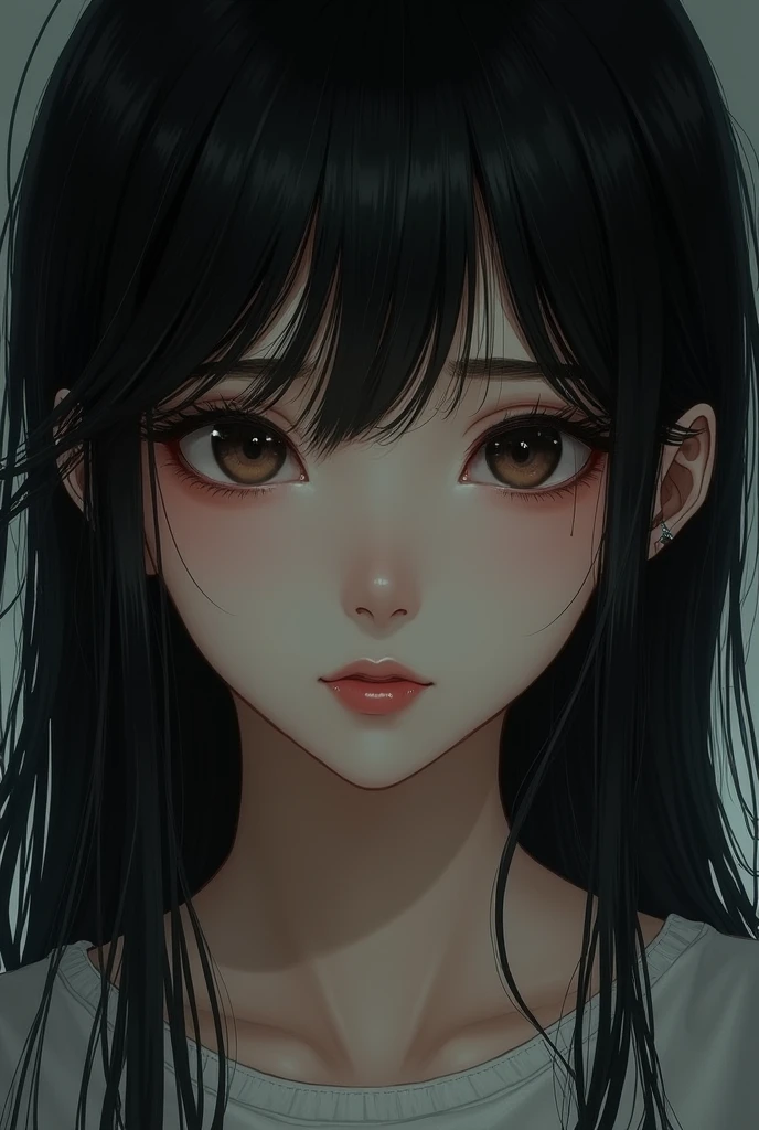 A woman with back-length black hair and bangs, black eyes and long eyelashes. With a mole under her mouth. In the style of the manhwa: Bad Thinking Diary.