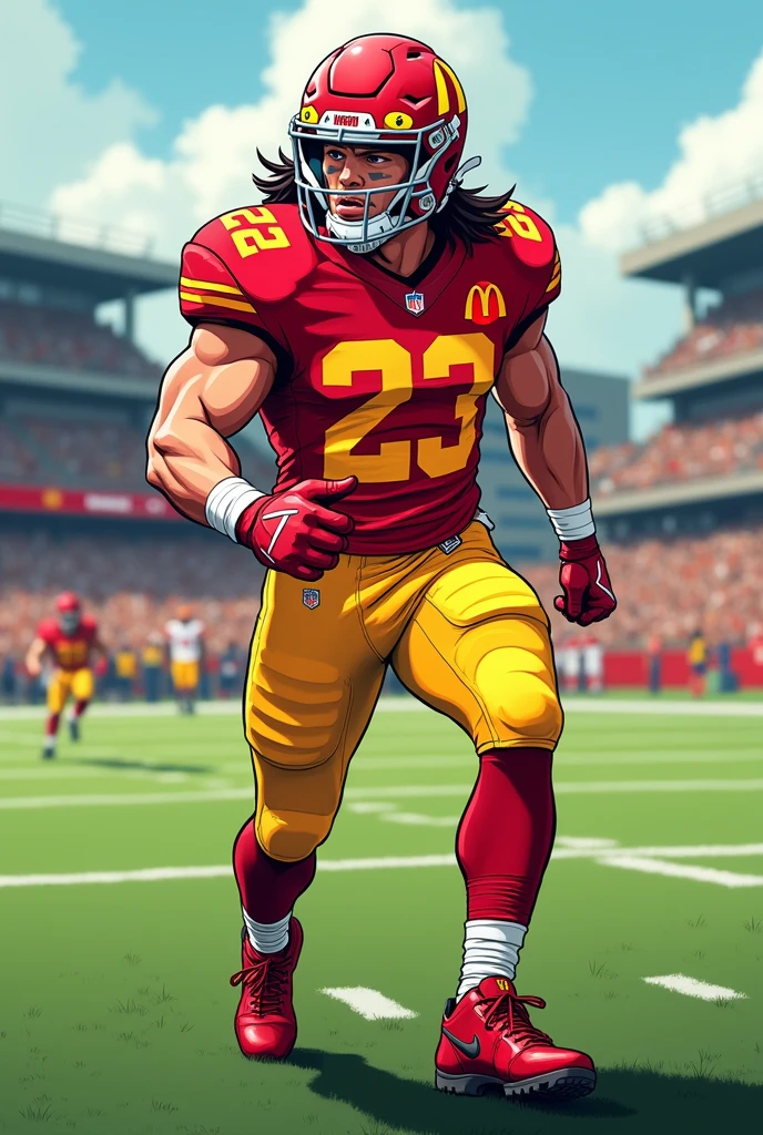 Christian McCaffery in a McDonald inspired football uniform with jersey #23