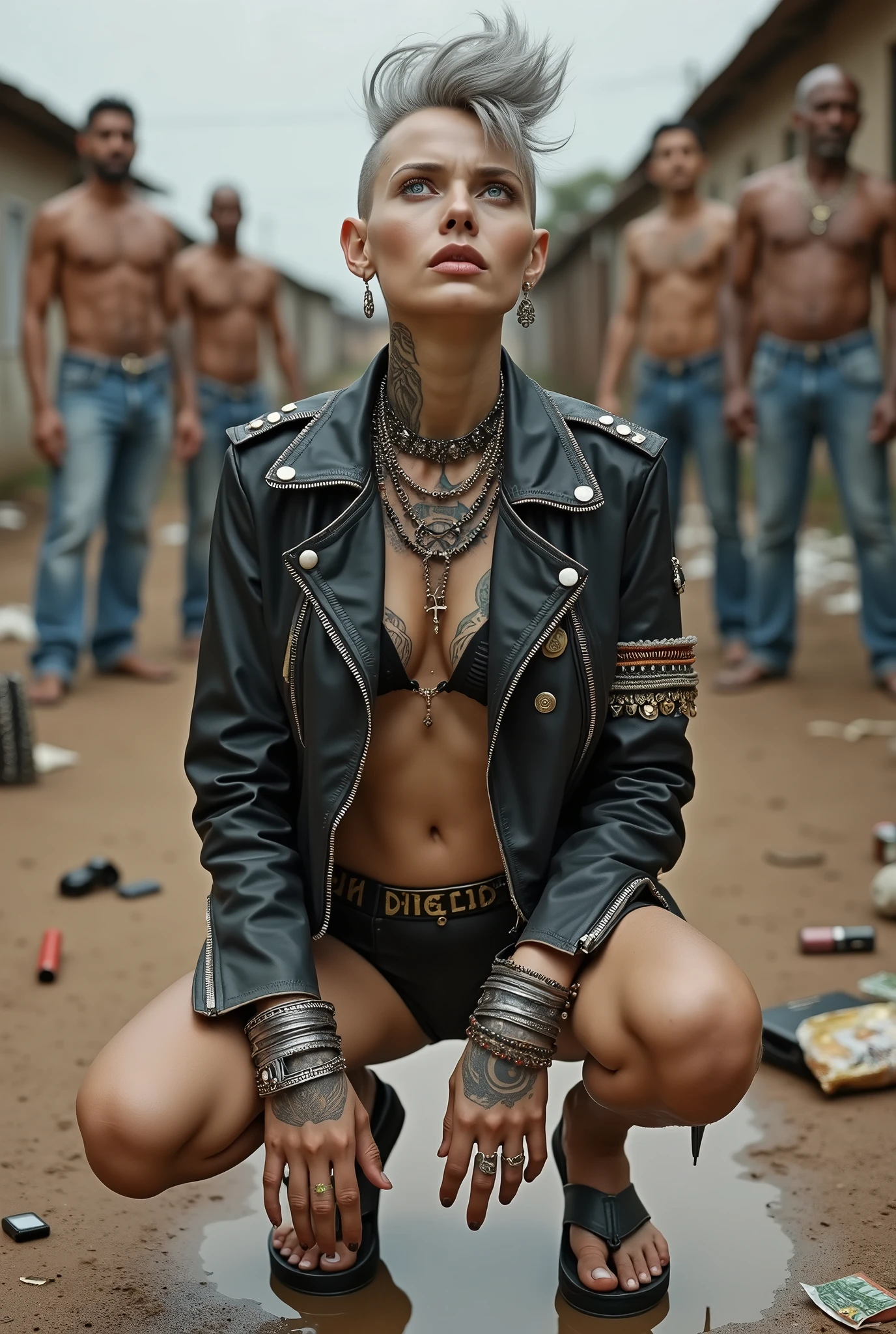 russian milf woman, grey hair (pouf, huge top bun and shaved sides), oversized square maxisunglasses, colourful bandana as headband, with very light blue eyes, extremely pale skin. Wearing tight aged black moto jacket studded collar) with lots of zippers and pins; shiny black plastic bikini, flip flops . Chain around hips like belts. Dirty knees and dusty hands. Lots of metallic bracelets, lots of boho pendants and lots of colourful beads collars. Long huge boho. Chains around the hips. Squatting on a puddle (muddy knees and feet) with hands on her hips, looking up, chin up, stretching her neck , humble facial expression. Bracelets in ankles and rings in fingers. Black nail polish. studded black leather tote bag with chain on the floor, next to her.. Listening looking up in amazement to somebody speaking to her from the sky, upper teeth visible. Well toned abdominals, thin neck, slim legs and thin arms. Narrow hips Cleavage, stomach, neck, tigh and hands completely covered with tattoos. Dirt street in Kenyan village full of waste. A lot of tanned shirtless fat men in jeans around looking at her. next to her, all her belongings scattered on the floor: tobacco packs, makeup kit, little makeup mirror, studded black leather tote bag, lipstick, wallet, moble etc on the floor
