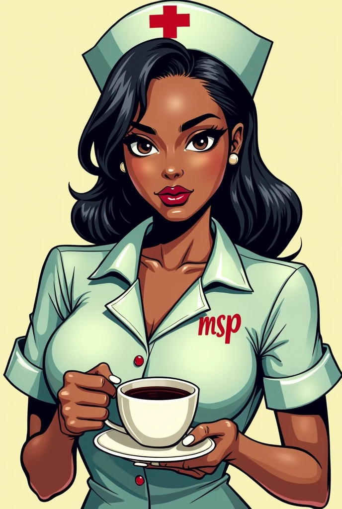 Retro comic nurse, dark brown skin, about 4, black straight hair, without cap, drinking coffee. On the shirt, let the initials go: "MSP".  the image without background