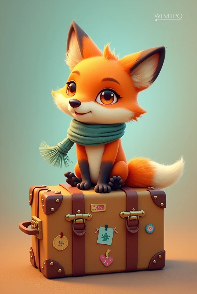 Children's fox sitting on a full suitcase, which is almost closed