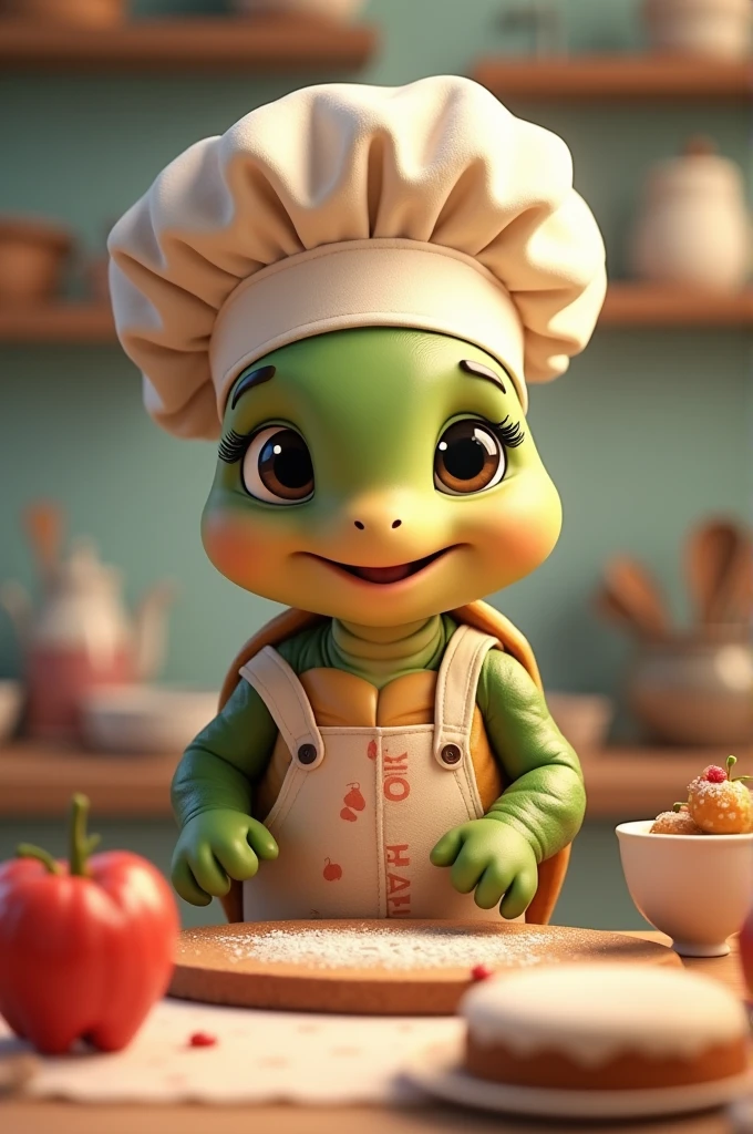 Animated baby girl turtle pastry chef