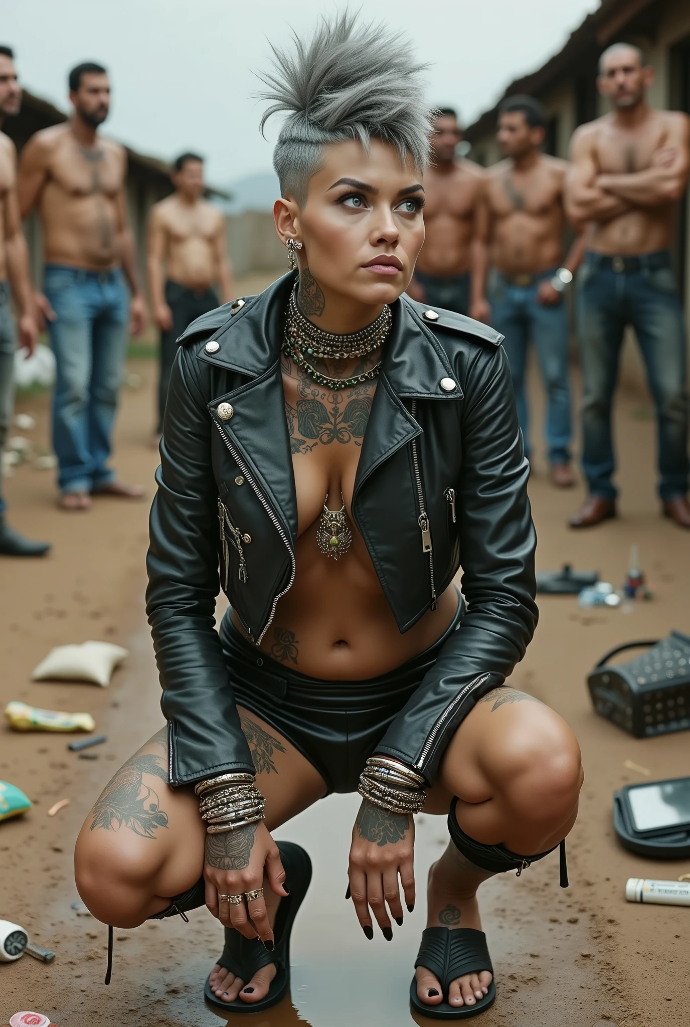 russian milf woman, grey hair (pouf, huge top bun and shaved sides),  oversized square maxisunglasses, colourful bandana as headband, with very light blue eyes, extremely pale skin. Wearing tight aged black moto jacket  studded collar) with lots of zippers and pins; shiny black plastic  bikini, flip flops . Chain around hips like belts. Dirty knees and dusty hands. Lots of metallic bracelets, lots of boho pendants and lots of colourful beads collars. Long huge boho. Chains around the hips. Squatting on a puddle (muddy knees and feet) with hands on her hips, looking up, chin up, stretching her neck , humble facial expression. Bracelets in ankles and rings in fingers. Black nail polish. studded black leather tote bag with chain  on the floor, next to her..  Listening looking up  in amazement to somebody speaking to her from the sky, upper teeth visible. Well toned abdominals, thin neck, slim legs and thin arms.  Narrow hips  Cleavage, stomach, neck, tigh and hands completely covered with tattoos.  Dirt street in Kenyan village full of waste. A lot of tanned shirtless fat men in jeans around looking at her. next to her, all her belongings scattered on the floor: tobacco packs, makeup kit, little makeup mirror, studded black leather tote bag, lipstick, wallet, moble etc on the floor