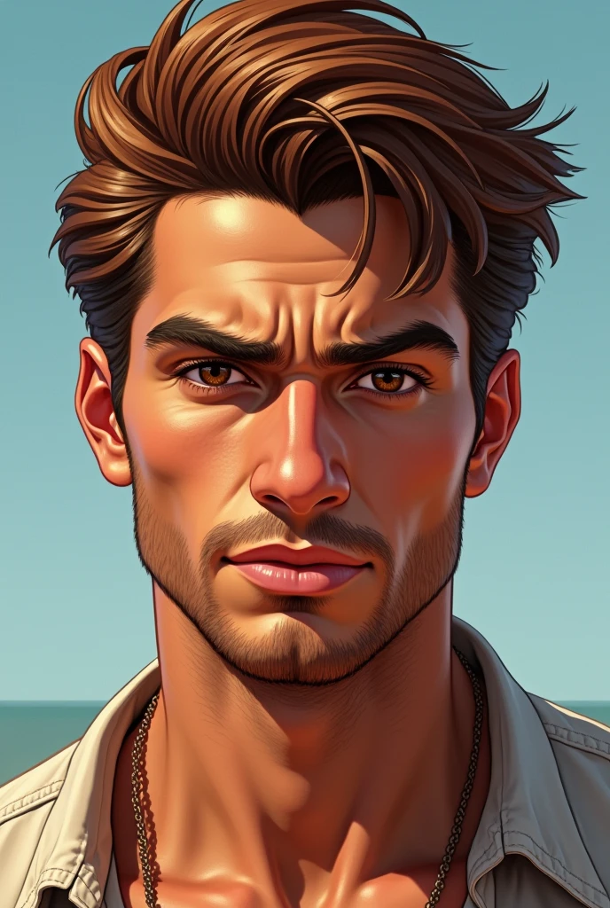 Create a hyper-realistic illustration of a young man, skin tanned, jaw and marked features, eyes browns, AND MEDIUM LONG HAIR, well combed back and coppery brown color