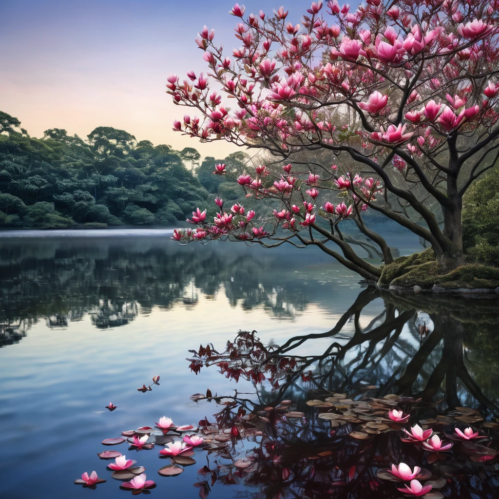 surrealism, photorealism, hyperrealism, 32k high definition resolution with HDR enhancement, showcasing a serene lakeside scene in a double exposure, where the water reflects a mirror-like view of the sky, with magnolia petals gently floating out from the trees and gracefully descending to the water's surface, where they're softly illuminated by the twilight sky. The red magnolias frame the scene perfectly, creating a breathtaking backdrop of natural beauty. This is a truly awe-inspiring image, evoking a dreamlike sense of wonder and magic.