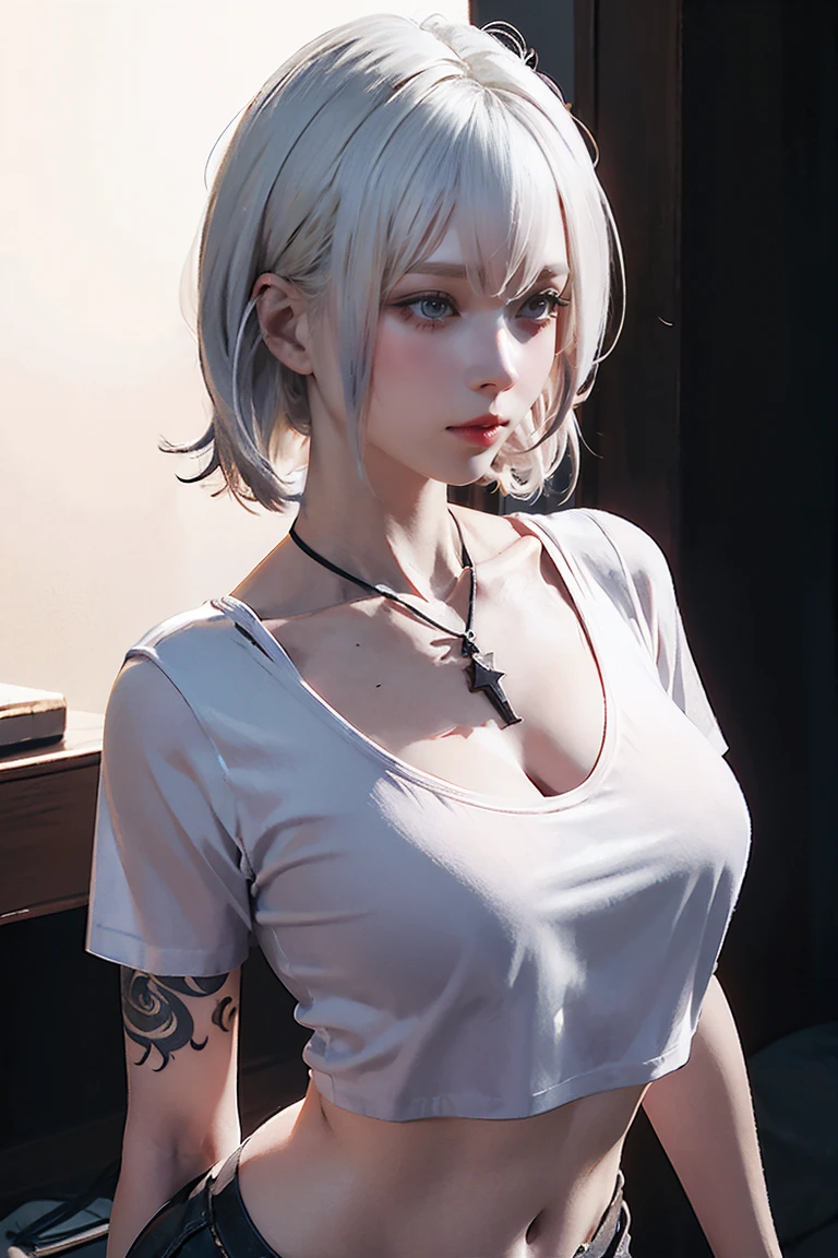 Browsing Caution,((Woman with tattoo on chest)), , ((Short white hair with bangs, Black strands of hair)), Purple eyes, (White T-shirt and white mini skirt), Pendant around the neck. 超High resolution.Realistic. 超High resolution.Realistic:1.4,超High resolution. Realistic，High resolutionで, masterpiece, Highest quality, Very detailed, Better Shadows, Volumetric lighting), super high quality, High resolution, 8k, 超Realisticな肖像画 , Realistic, Dynamic Lighting, Volumetric lighting, Very detailed顔