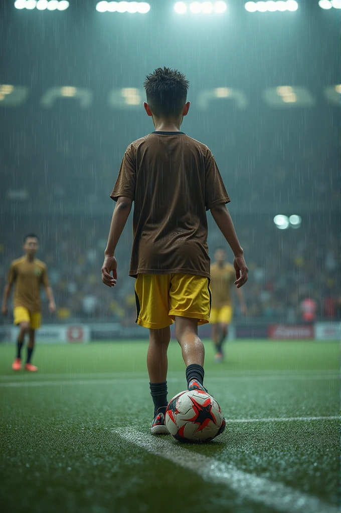A boy playing football in a busy pitch by himself in the middle of the rain. He is wearing yellow barcelona shorts and a brown mudrun shirt. He is wearing a nike hypervenom spike the neymar version. He has a haircut like neymar and he is playing very happily