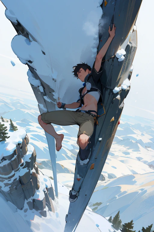 Beautiful boy with healthy body,free climbing,midriff,bikini,breathing white air,strong snow storm,strong snowy day,flying snowflakes as background,climbing snow peak,crawling on a vertical cliff,high altitude,high height,precise face