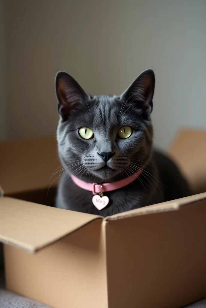 a dark gray cat in a light tone, with no nuances in the fur, with light green eyes, in a cardboard box with a pink heart collar, with "meg" written on it.