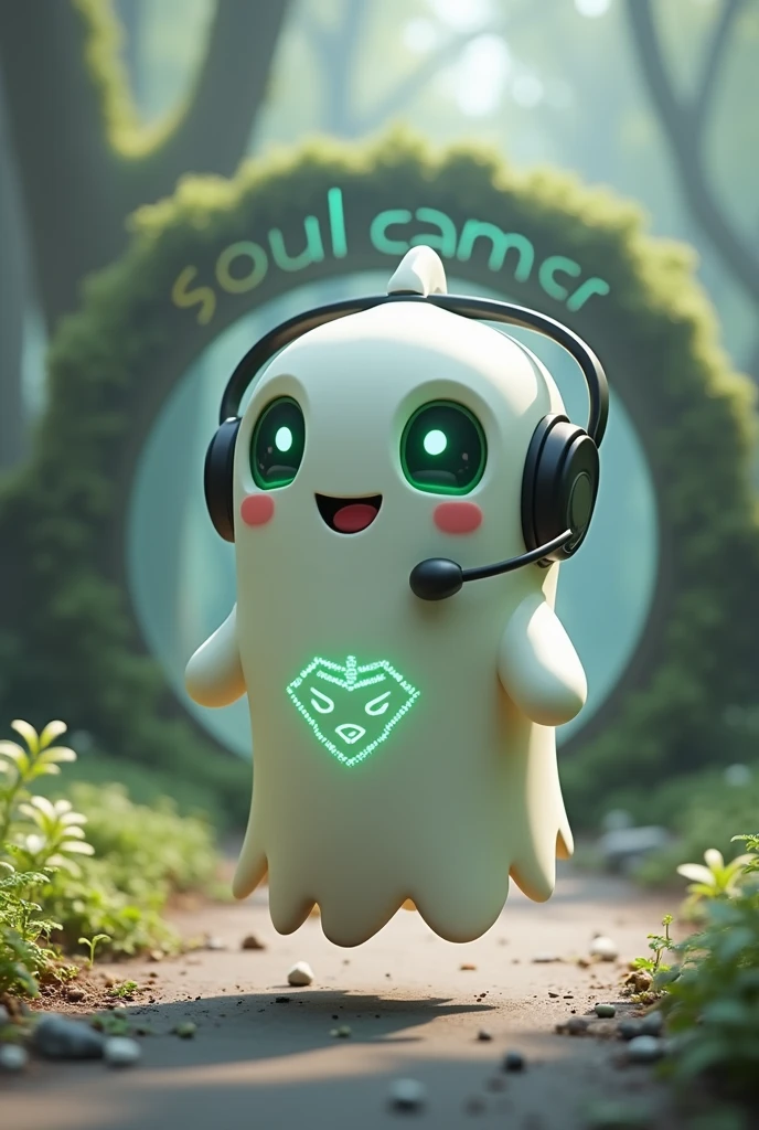 Create a Ghost-Looking Robot Pet. With slightly rounded shapes and well-defined limbs. His facial expression has large, green eyes with a glow, conveying a friendly and cheerful expression. He has a small open mouth with a happy smile and flushed cheeks.. Its body is white with small green details and a smooth, slightly shiny texture.. He has a headset on his head with an adjustable microphone positioned close to his mouth.. And on his chest you can see the illuminated shape of a Playstation 5 controller in fluorescent green.. It floats in the air, as if he were ready for an adventure. Behind the character you can see a portal and on it is written "Soul Gamer".