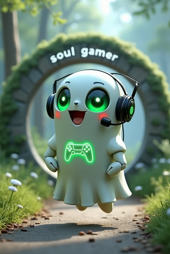 Create a Ghost-Looking Robot Pet. With slightly rounded shapes and well-defined limbs. His facial expression has large, green eyes with a glow, conveying a friendly and cheerful expression. He has a small open mouth with a happy smile and flushed cheeks.. Its body is white with small green details and a smooth, slightly shiny texture.. He has a headset on his head with an adjustable microphone positioned close to his mouth.. And on his chest you can see the illuminated shape of a Playstation 5 controller in fluorescent green.. It floats in the air, as if he were ready for an adventure. Behind the character you can see a portal and on it is written "Soul Gamer".